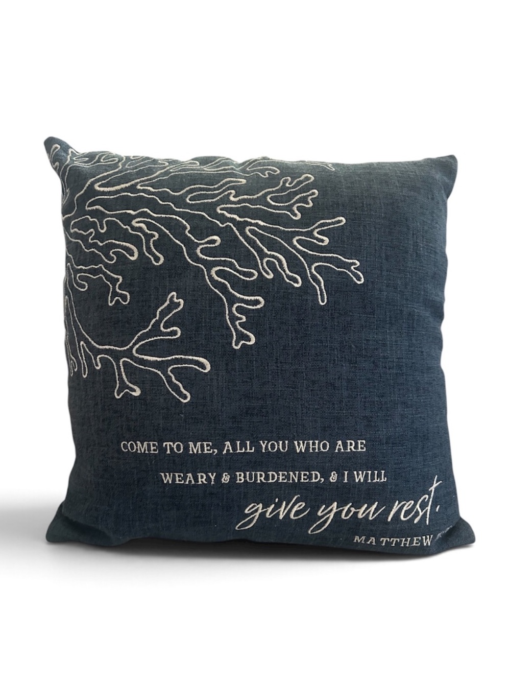 Matthew Scripture Embroidered Navy Throw Pillow - Coastal Branch Design